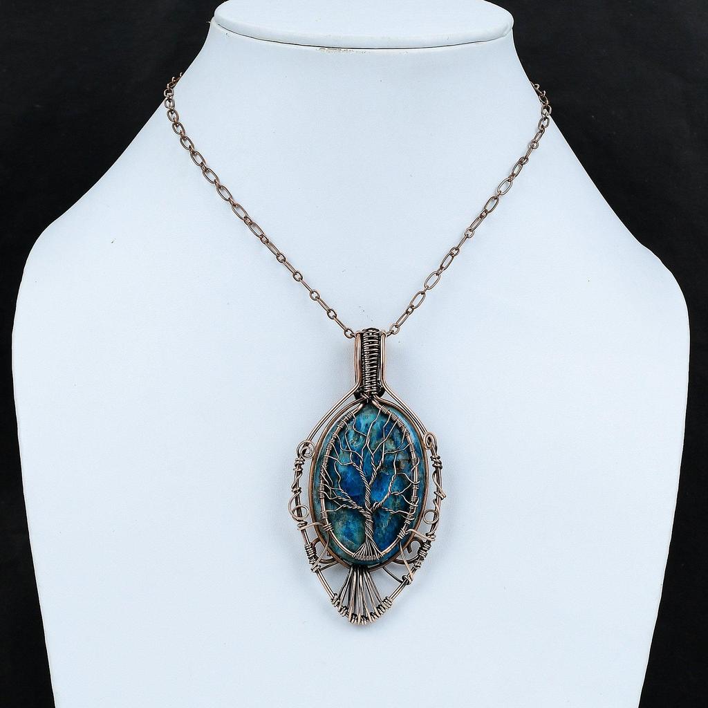 Tree Of Life Neon Apatite Pendant Copper Wire Wrapped Pendant Gemstone Copper Jewelry Handmade Pendant Tree Of Life Jewelry Anniversary Gift