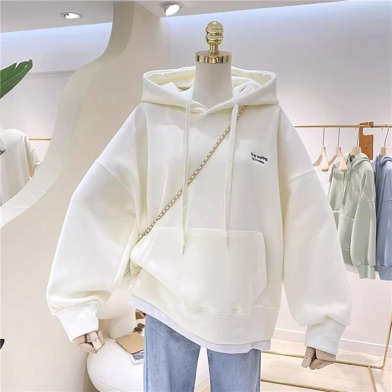 Fall/Winter New Style Mid-Length Loose Fleece Hooded Casual Women's Fashion Embroidered Long-Sleeved T-shirt