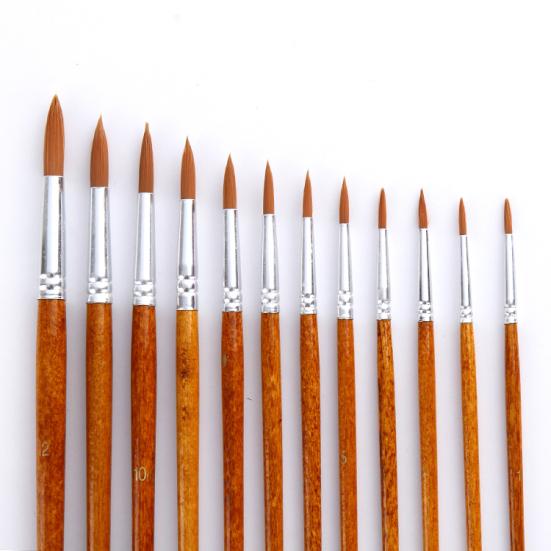 12Pcs Nylon Hair Wooden Handle Paintbrush Water Color Drawing Painting Brushes