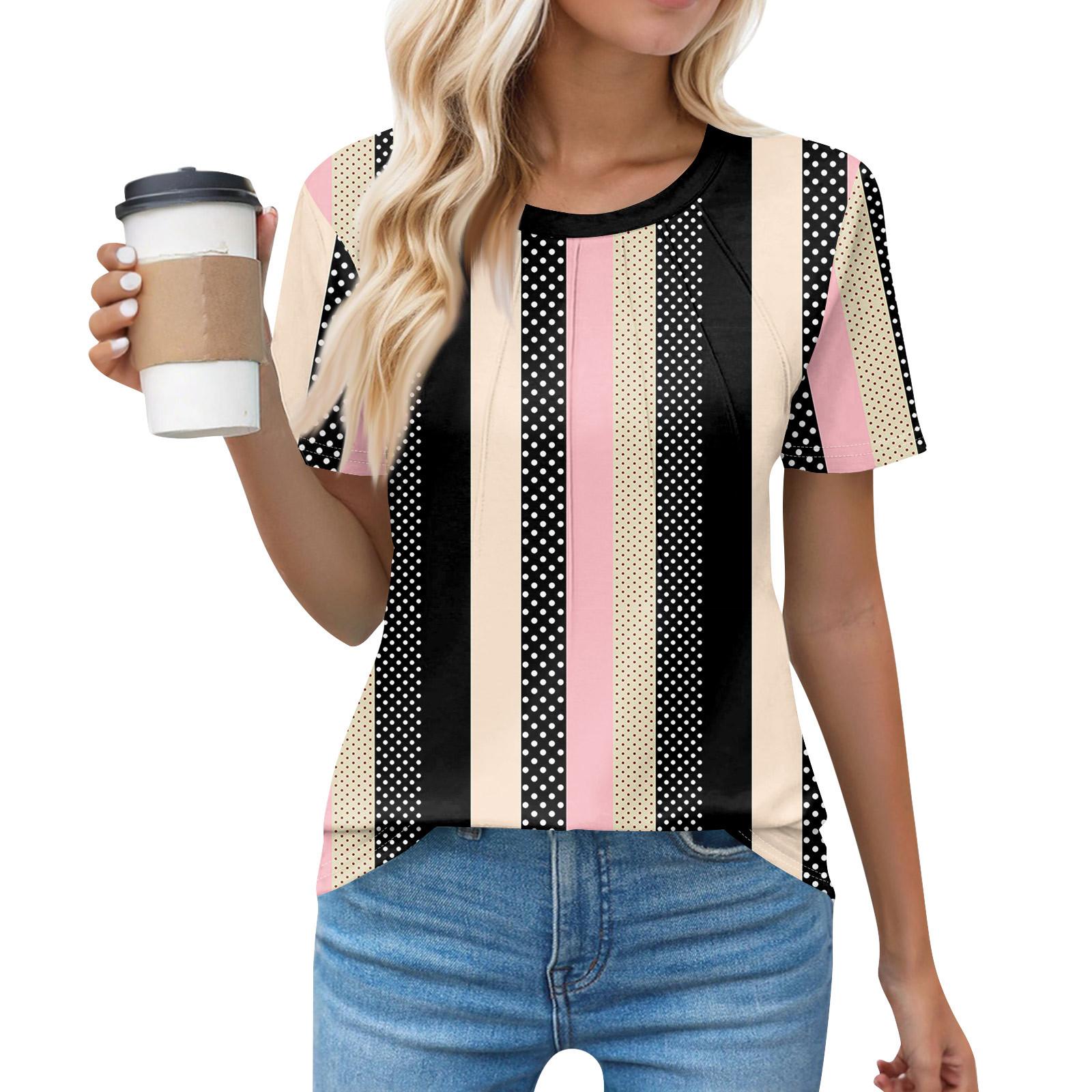 

Футболки для женщин, плиссированные, с круглым вырезом, нарядные, повседневные, блузки с принтом, с коротким рукавом, летние топы, свободный крой XL розовый