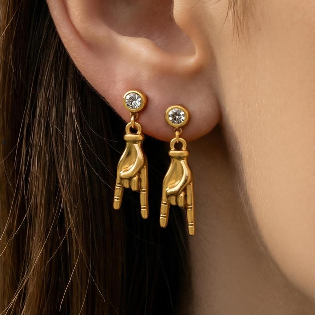 18k Gold-Plated Rock Hand Dangle Earrings with Inlaid Zirconia