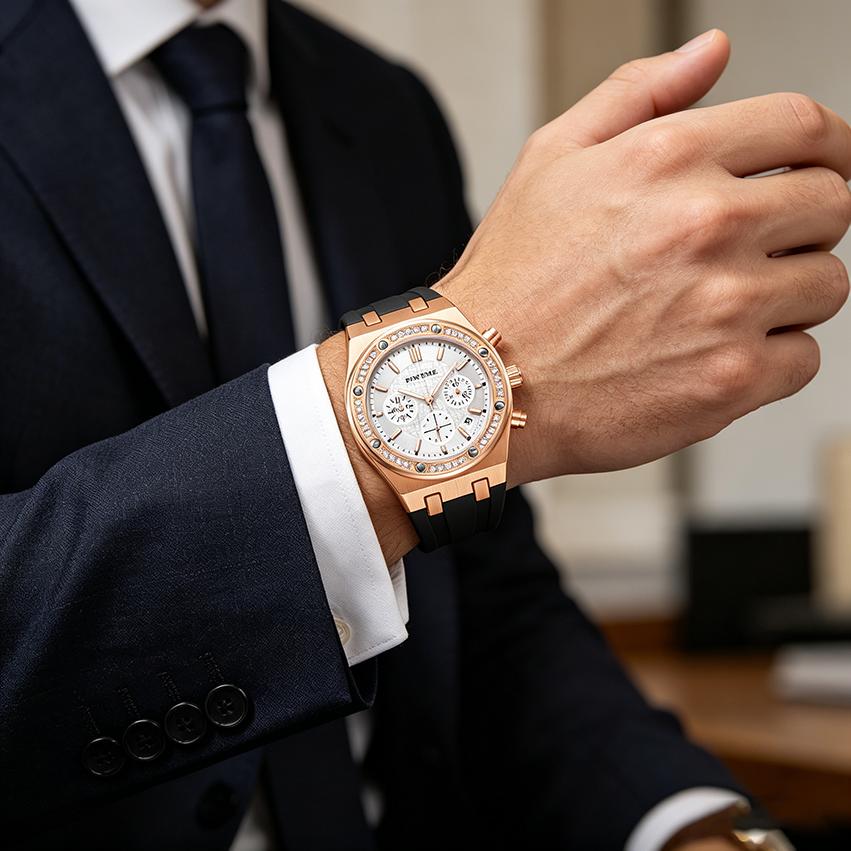 Men's Casual Watch Diamond Iced Bezel Quartz Wristwatch Sports Waterproof 30m Chronograph Fashion Silicone Band Reloj Hombre