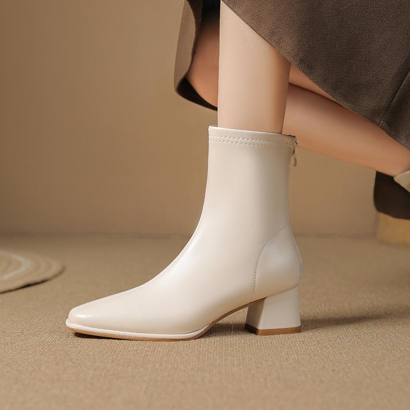 thick heel square head thin boots women's medium tube fashion simple temperament rear zipper autumn and winter new French soft leather Martin boots