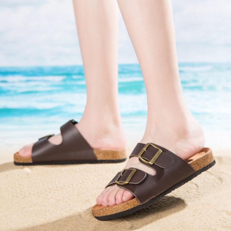 Elegant Women's Slide Buckle T-strap Cork Footbed Platform Flip Flop Shoes Sandals
