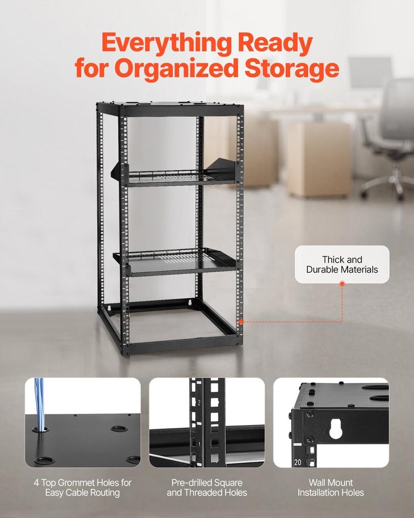 20U Open Frame Netzwerk-Rack, 585 mm Tiefe, Wandmontage oder Bodenaufstellung Server-Rack, Schwerlast 4-Säulen, mit belüfteten Fachböden & Montagematerial,