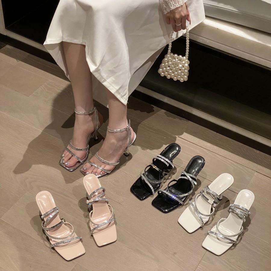 Silver Open-toed Rhinestone Transparent Wine Glass and Roman Sandals Female Sexy Fairy Style Crystal High Heels Niche Design