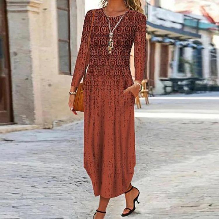 Long Sleeve Maxi Dress with Pockets Women Loose A Line O Neck Printing Dress for Dating Commuting Spring Fall Irregular Hem