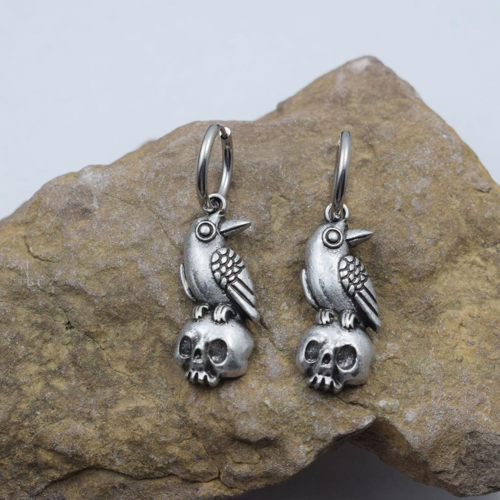 Norse Viking Wiccan Moon Phase Raven Earrings Stainless Steel Hook Handmade Jewelry