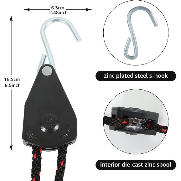 2 Pcs Kayak Rope Tie Downs, 3/8 Inch Canoe Bow and Stern Tie Downs Straps, Heavy Duty Adjustable Rope Clip Tie Down