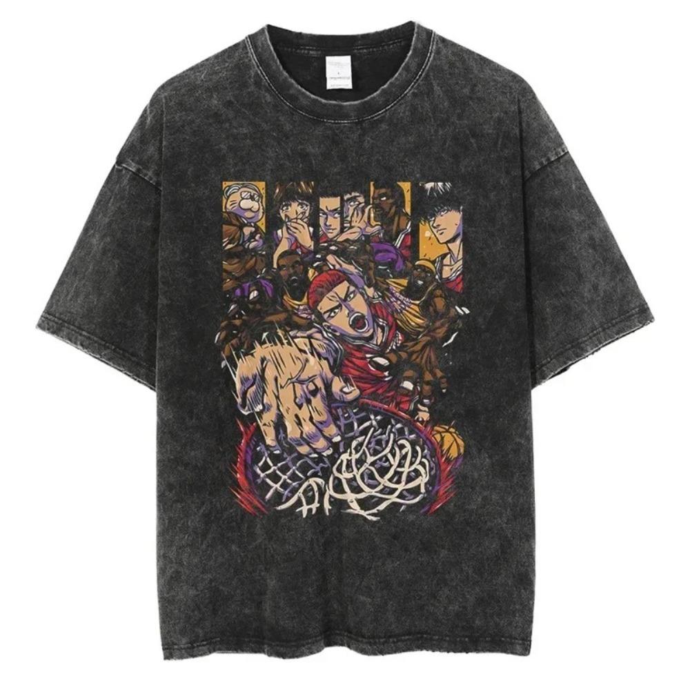 Oversized Washed Black Short-Sleeve T-Shirt Featuring Slam Dunk Haruko Akagi Female Version Sakuragi Hanamichi Anime Graphic
