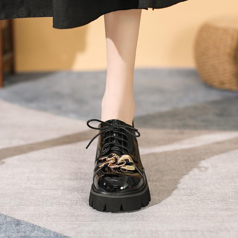 3-3 Muffin Platform Small Leather Shoes Women's New Thick Heel Lace-up Medium Heel Uniform Shoes