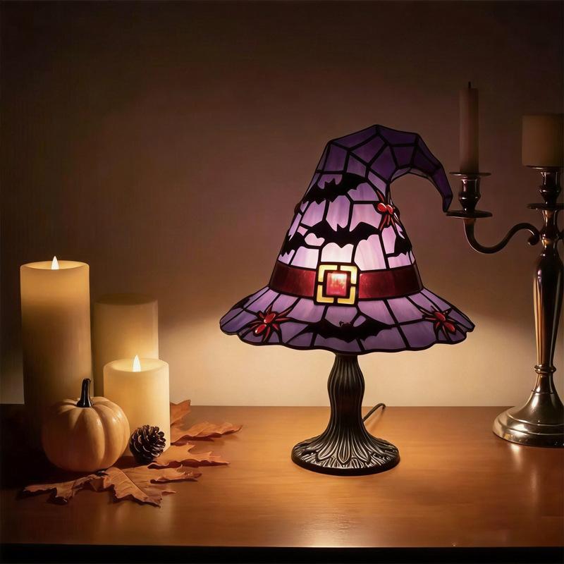 New Halloween Witch Hat Resin Table Lamp, Stained Glass Effect LED Night Light, Mystical Desktop Decor Ornament