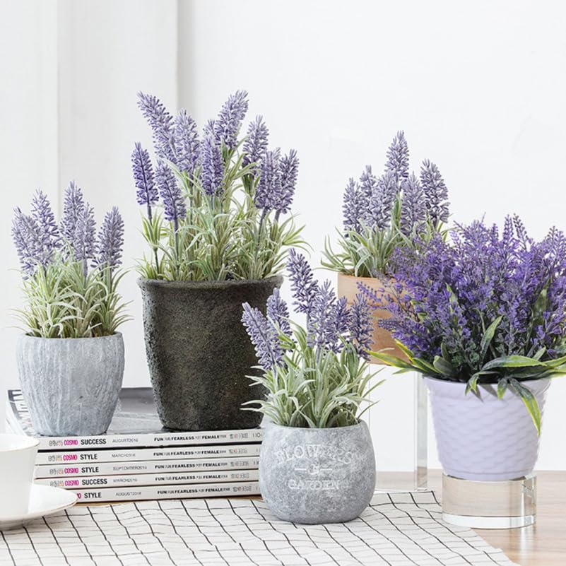 GALPADA Artificial Lavender Plants, Potted Plants, Set of 2 (Purple & Yellow), Fake Greenery, Bonsai Style, PVC, Fade-Resistant, Never Wilts, Desktop