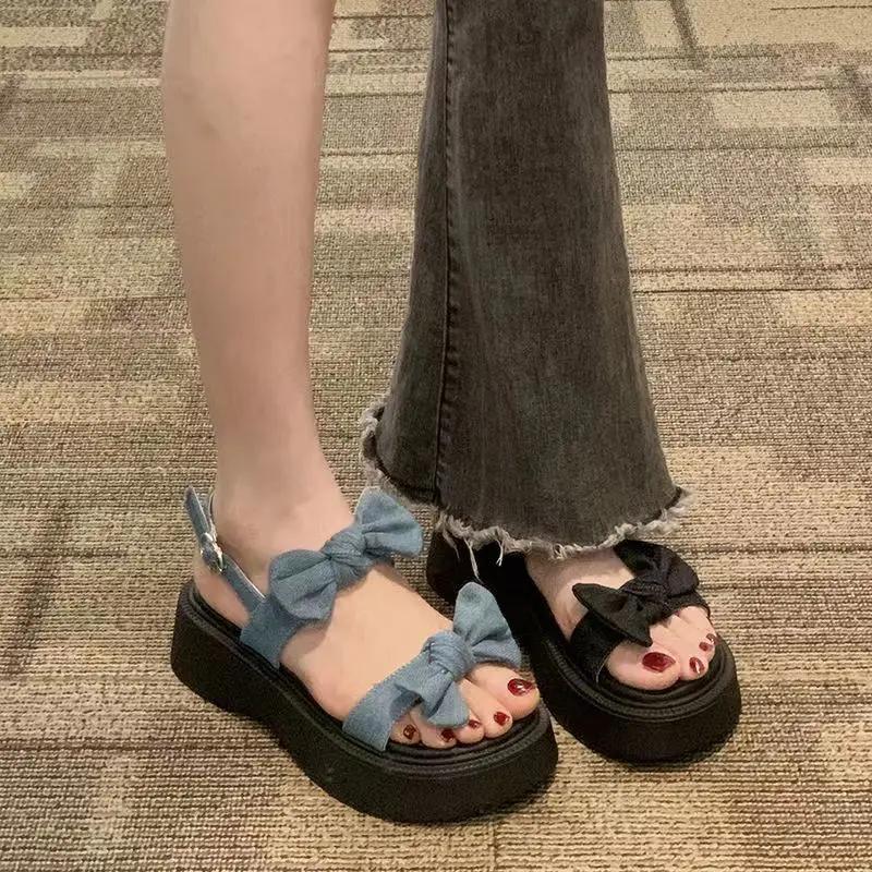 Fashion Platform One Word Blue Sandals for Women Outdoor Roman Style Bow Footwear Ladies Shoes Summer 2024 Trend Casual Comfort On Offer
