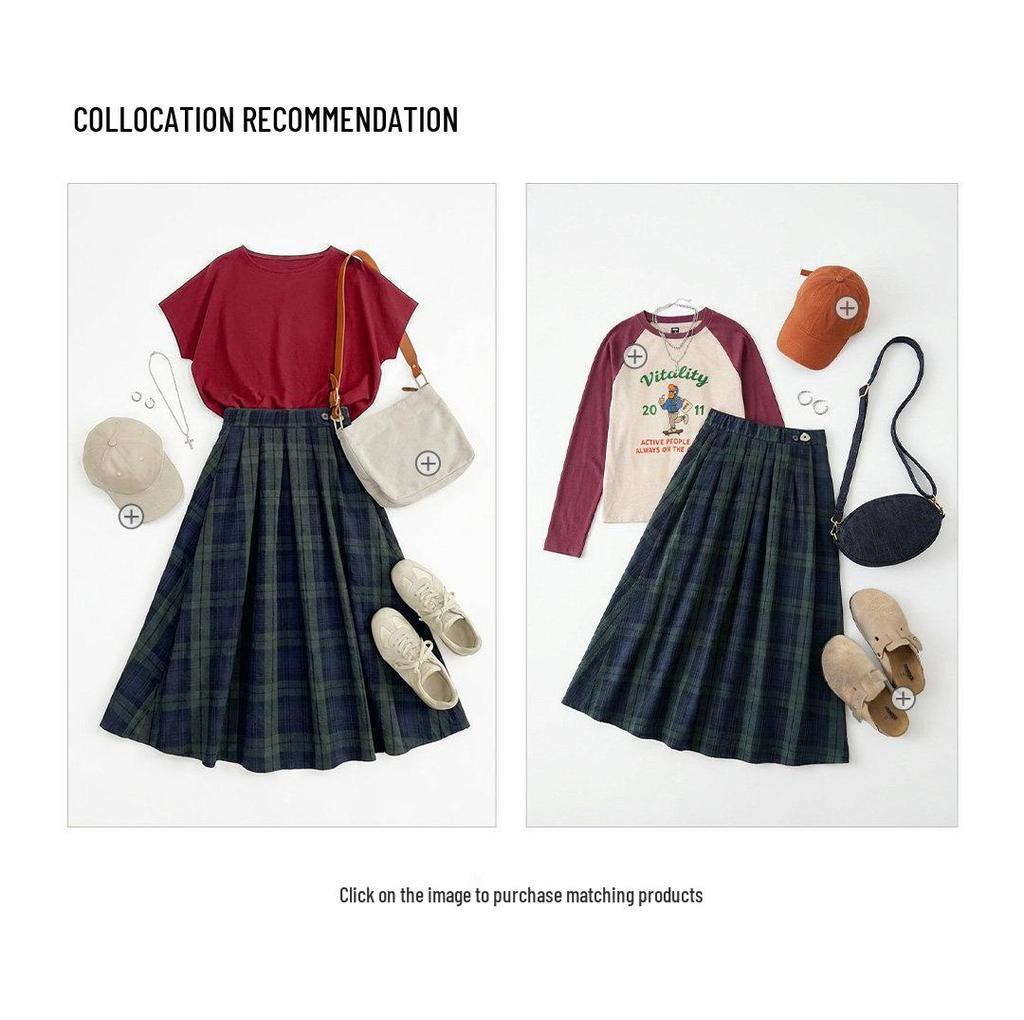 Maden Retro Cotton Gauze Plaid Maxi Skirt: Elastic Waist, Textured A-line Umbrella Design for Women