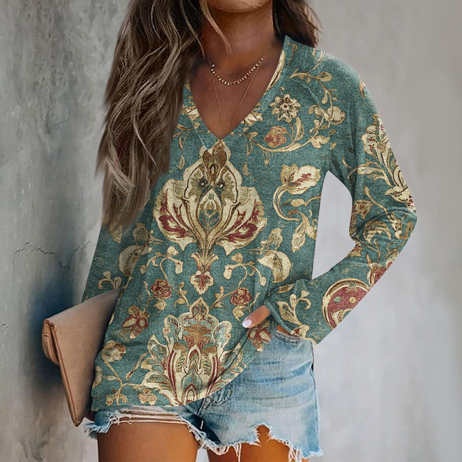 

Women s Long Sleeve Plunger Sleeve Vintage Printed Casual Top T-Shirt XXL
