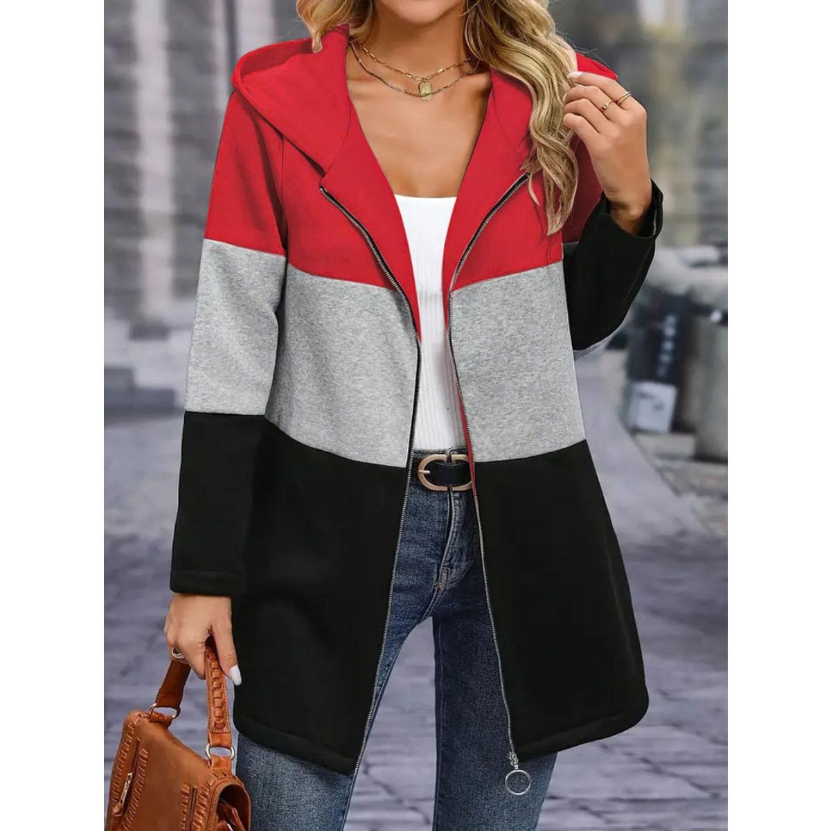 Women s  Autumn Winter Casual Fashion Loose Colorblock 3-Tone Spliced Hooded Coat S красный