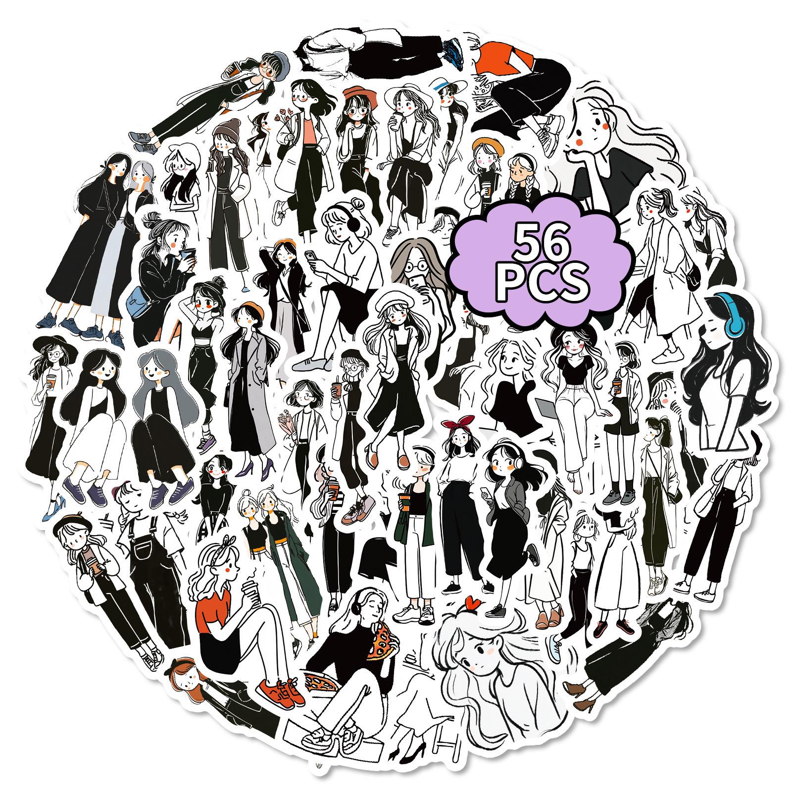 

56 Black And White Girls Wear Graffiti Stickers Fashion Trend Cartoon Girl Decoration Waterproof Stickers