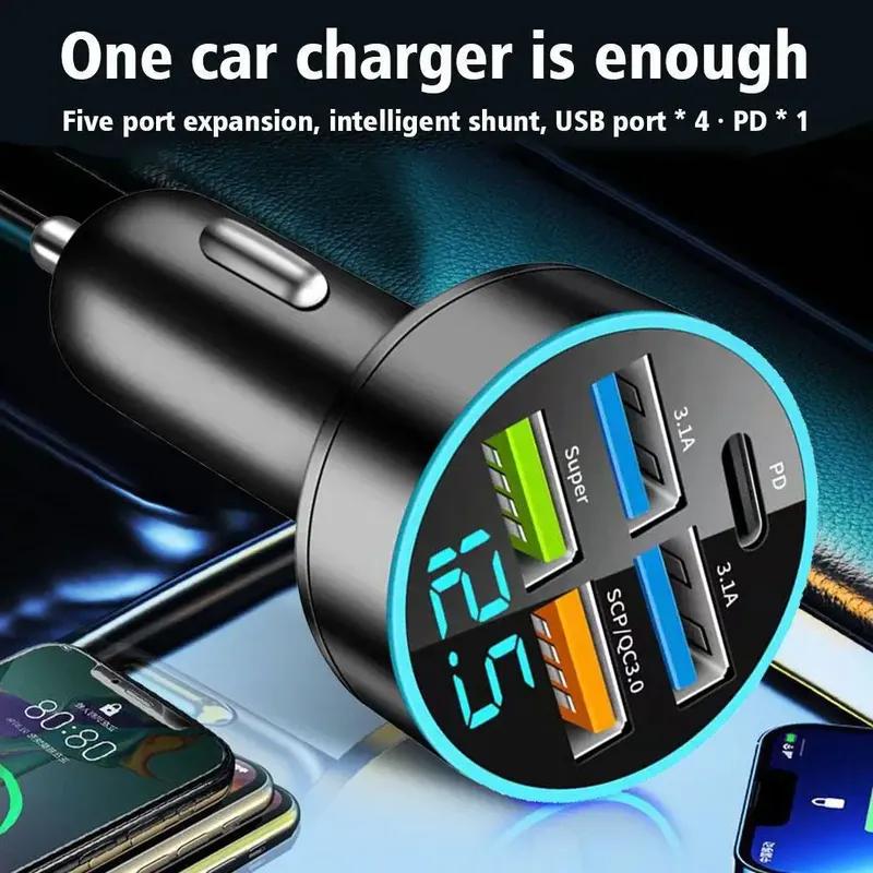 250W PD Car Charger QC3.0 Fast Charge One To Six Car Cigarette Lighter Plug 5 Port Car Charger Flash Charge with Digital Display
