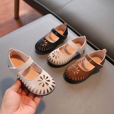 Girls Spring and Summer Round Head Breathable Hollow PU Leather Shoes Flat Bottom Non-slip Shoes