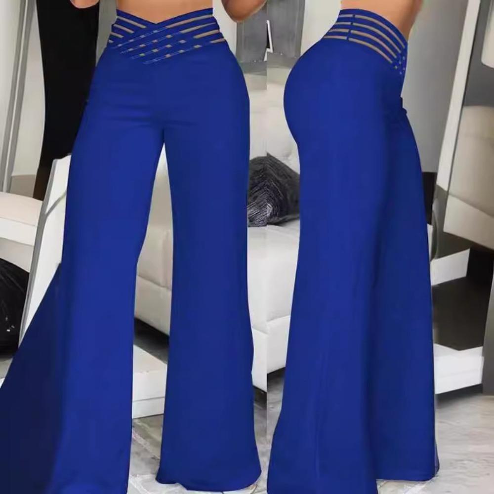 Women s Sheer Belt Pants with Flare Legs, High-waisted Casual Wide-leg Pants S синий