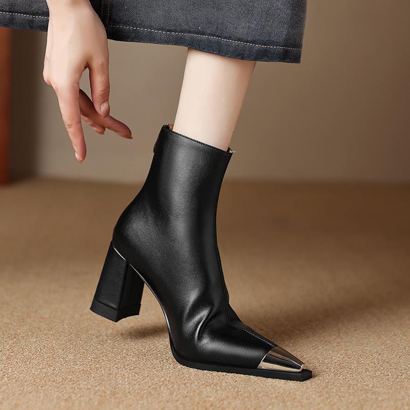 Fashion 2025 NEW Autumn Women Boots Split Leather Square Heel Women Shoes Pointed Toe High Heel Mid-calf Modern Boots