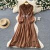 Commuter Blue Pleated Long-sleeved Dress for Women's Summer Waist and Thin Temperament Elegant A-word Temperament Long Dress