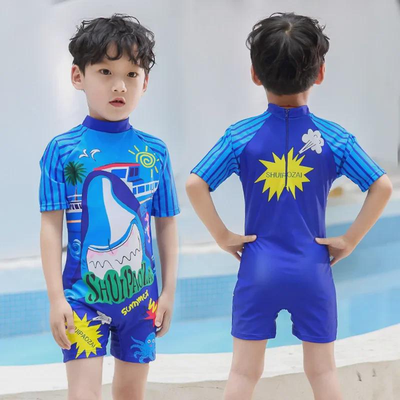 Kids' One-Piece Shark Swimsuit with Swim Cap - Korean Style, Quick-Dry, UV Protection for Boys In Small, Medium, and Large.
