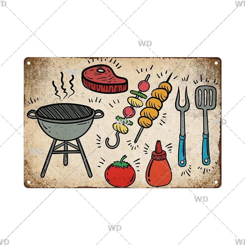 BBQ Vintage Tin Sign Plaque Barbecue Metal Plate Sign Wall Art Decoration Kitchen Man Cave Terrace Beach House Club Wall Decor