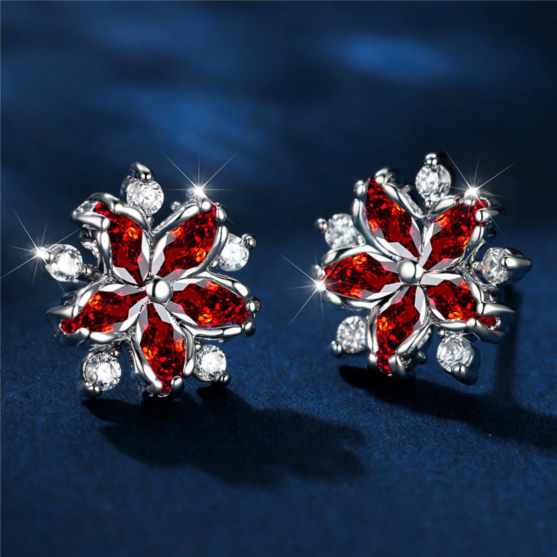 Luxury Female Red Stone Flower Stud Earrings Silver Color Zircon Wedding Jewelry For Women