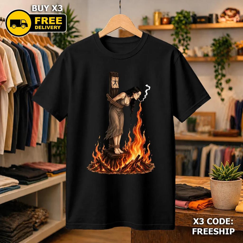 Witch Lighting Cigarette While Burning At The Stake Shirt, Dark Witchy Graphic T