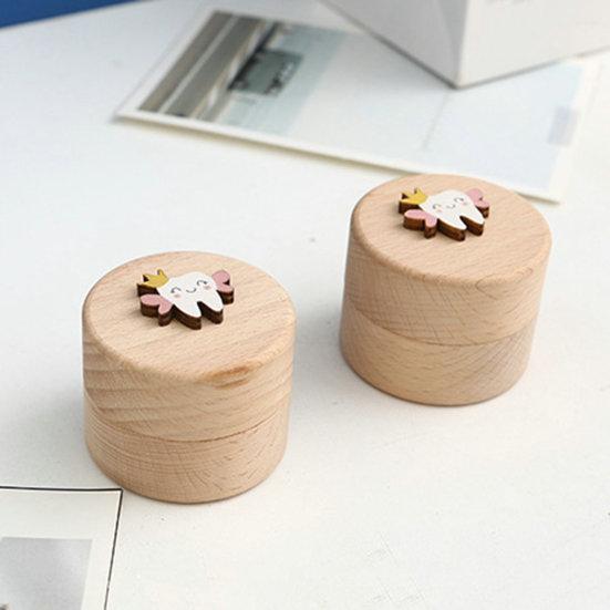 Wood Baby Teeth Box Cartoon Cute Round Small Lost Tooth Keepsake Storage Saver Container Box Birthday Baby Shower Boys Girls Gift