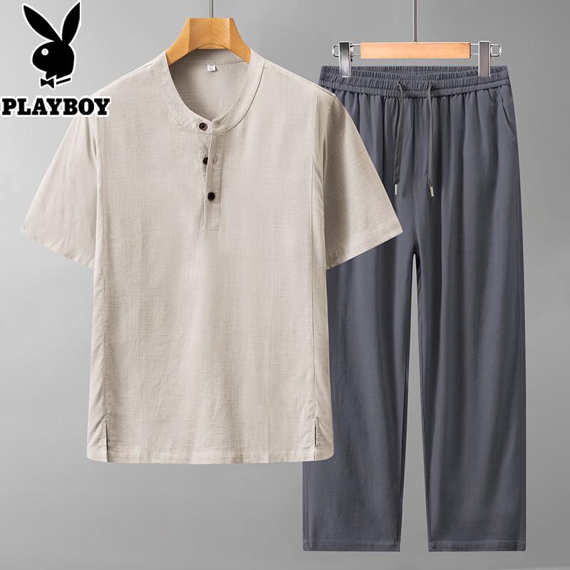PLAYBOY Men s Summer Casual Linen Blend Two-Piece Set XL