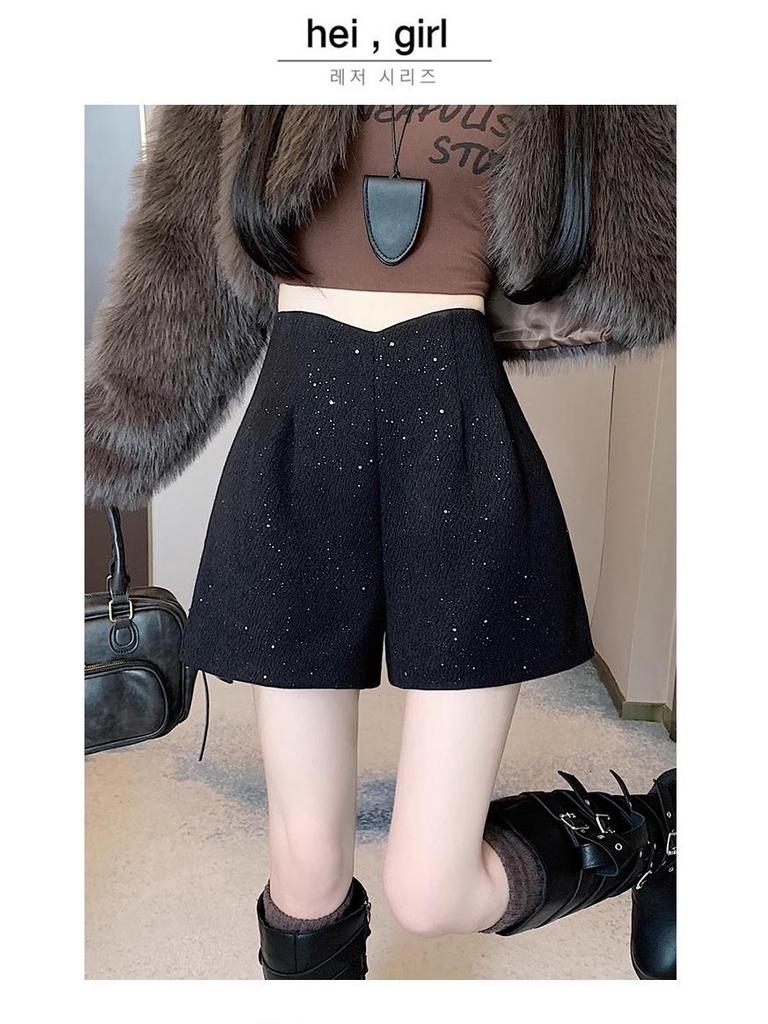 Women's Glitter Tweed High-Waisted Wide-Leg Shorts - Autumn/Winter 2025 Fashion