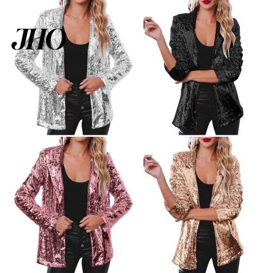 Sequin Outerwear Women's Jacket Shiny Open Front Blazer Evening Women Party Sparkly Long Sleeve Cardigan Coat with Pockets Elegant