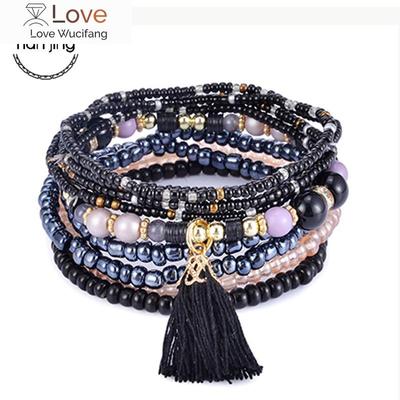 Bohemia Tassel Charm Beads Bracelets For Women Boho Candy Color Multilayer Wrap Bracelet Set Wristband Jewelry Pulseira Feminina