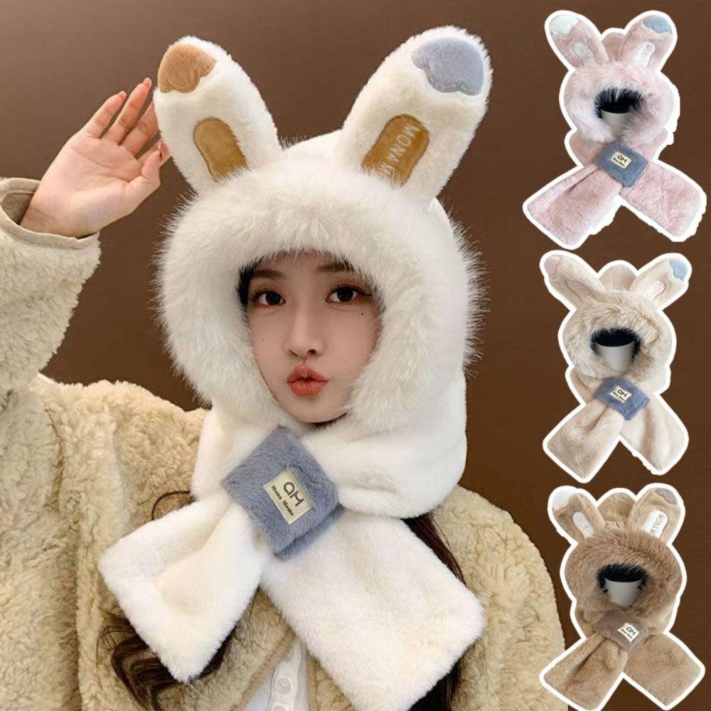 Winter Rabbit Ear Hat Ear Protection Bib Scarf Hat Fashion Plush Hat  Children