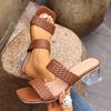 Große Damensandalen 2026 Sommer Mode High Heel Schuhe Geflochtene Dicke Absätze Strandschlapfen Koreanischer Stil Quadratische Zehenpartie Sandalen
