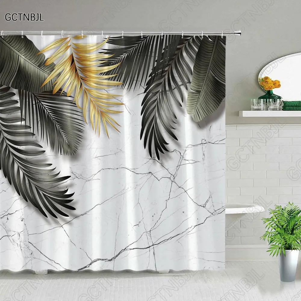 Tropical Green Plant Bathroom Shower Curtains Black Background Gold Palm Leaf Pattern Bath Curtain Waterproof Bathtub Home Decor