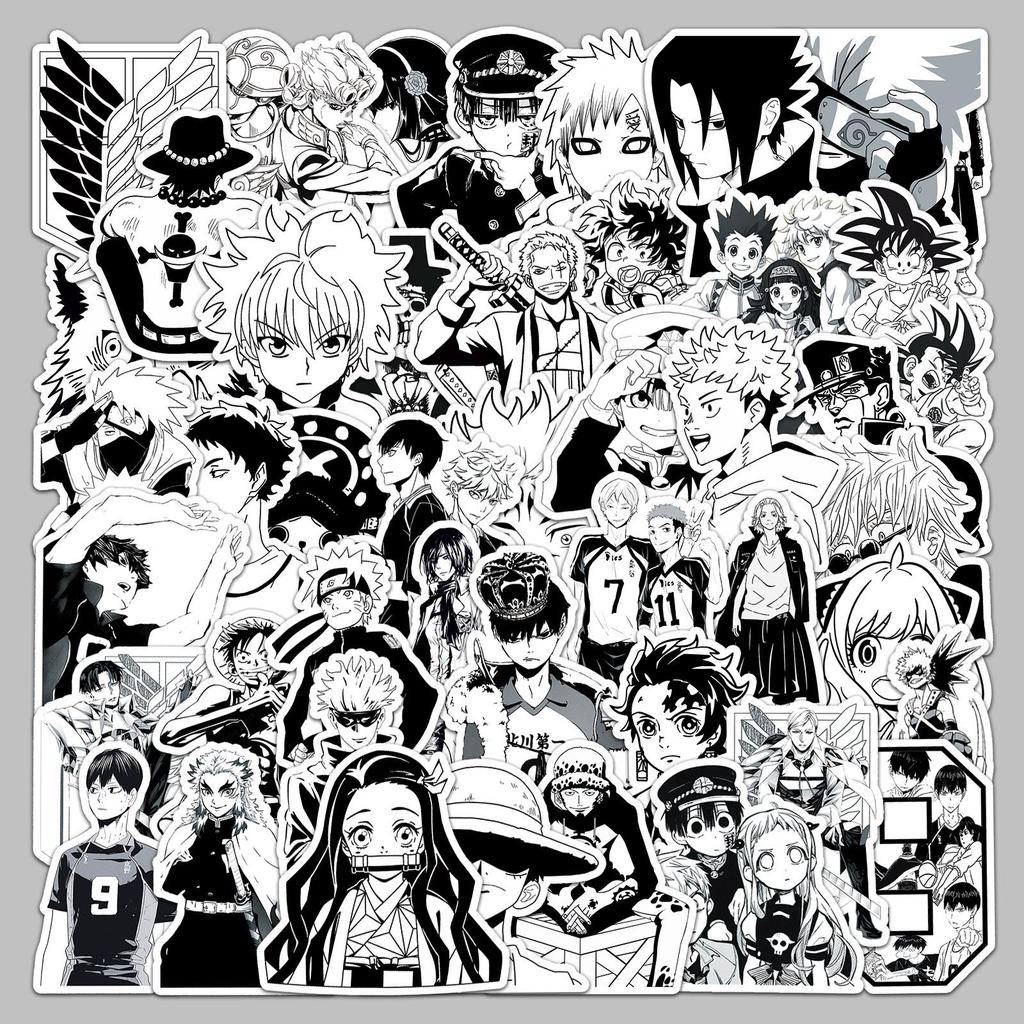 Black & White Japanese Manga Stickers - 50 Sheets for Notebooks, Phones, Waterproof Children's Creative Decoration