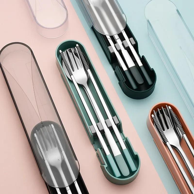 3Pcs 304 Stainless Steel Portable Cutlery Spoon Fork Chopsticks Student Travel Korean Style Portable Cutlery Set Kitchen Supplie