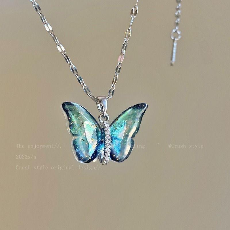 Color Butterfly Pendant Collarbone Chain Women's High-end Design Sense Trendy Fashion Personalized Accessories Light Luxury High-end Necklace Women