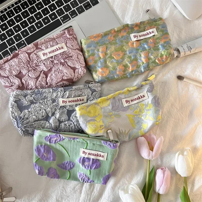Women's Floral Korean Makeup Bags Cosmetic Bag Organizer Pouch Travel Make Up Toiletry Bag Canvas Beauty Case Pencil Case