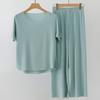 2Pcs/Set Women Pajamas Seamless Ice Silk Round Neck Short Sleeve Solid Color Elastic Waist Wide Leg Loose Soft Breathable Homewear Top Pants Set