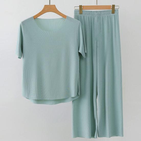 2Pcs/Set Women Pajamas Seamless Ice Silk Round Neck Short Sleeve Solid Color Elastic Waist Wide Leg Loose Soft Breathable Homewear Top Pants Set