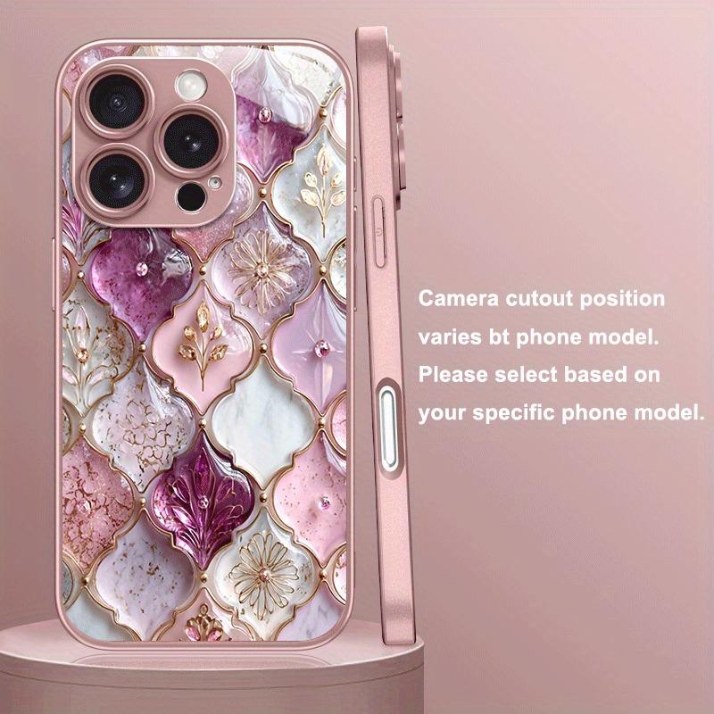 Plaid Flower Pattern Pink Metallic Paint Glass Hard Phone Case For iPhone 17 15 16 Pro Max 11 12 13 14 Plus 16E 17Air Cover