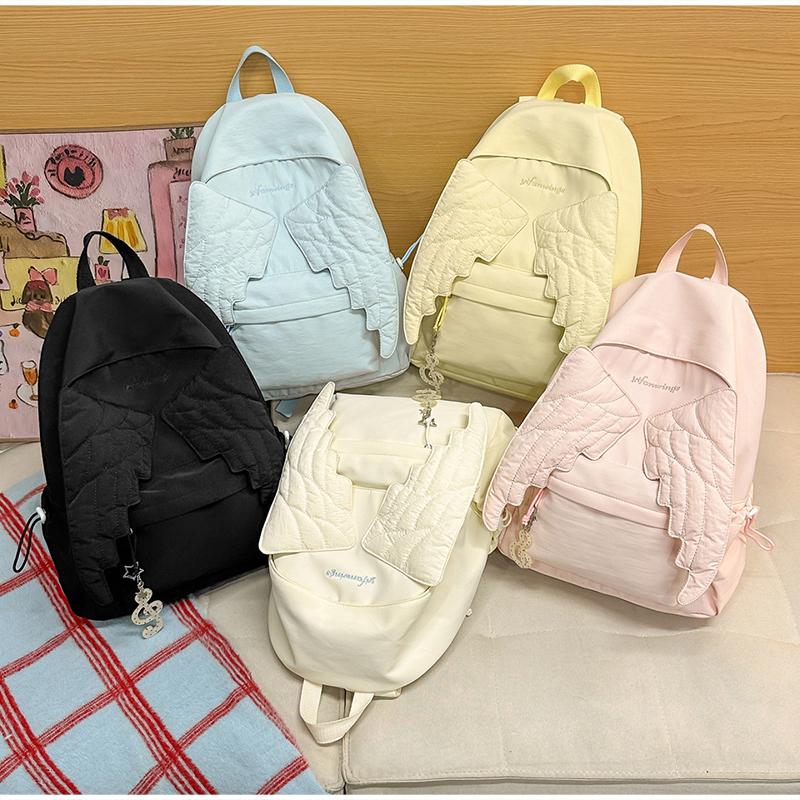 Cute Angel Wings Quilted Backpack Fashion Nylon School Bag Stylish Embroidered Pattern Casual Backpack Spacious Daily Travel Bag