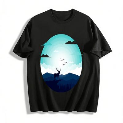 Elk Overlooking Mountain Landscape Print Casual Top Pure Cotton T-shirt