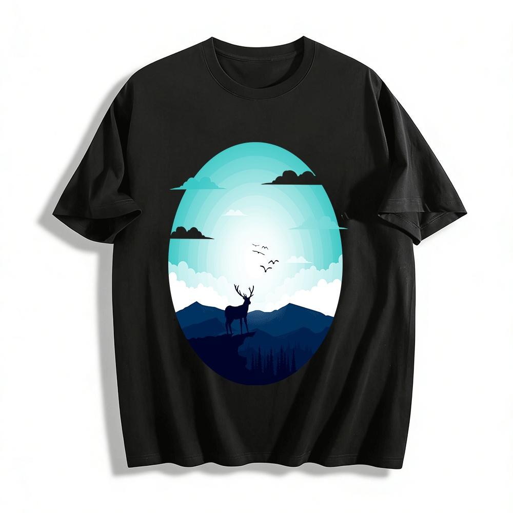 Elk Overlooking Mountain Landscape Print Casual Top Pure cotton T-shirt XXS