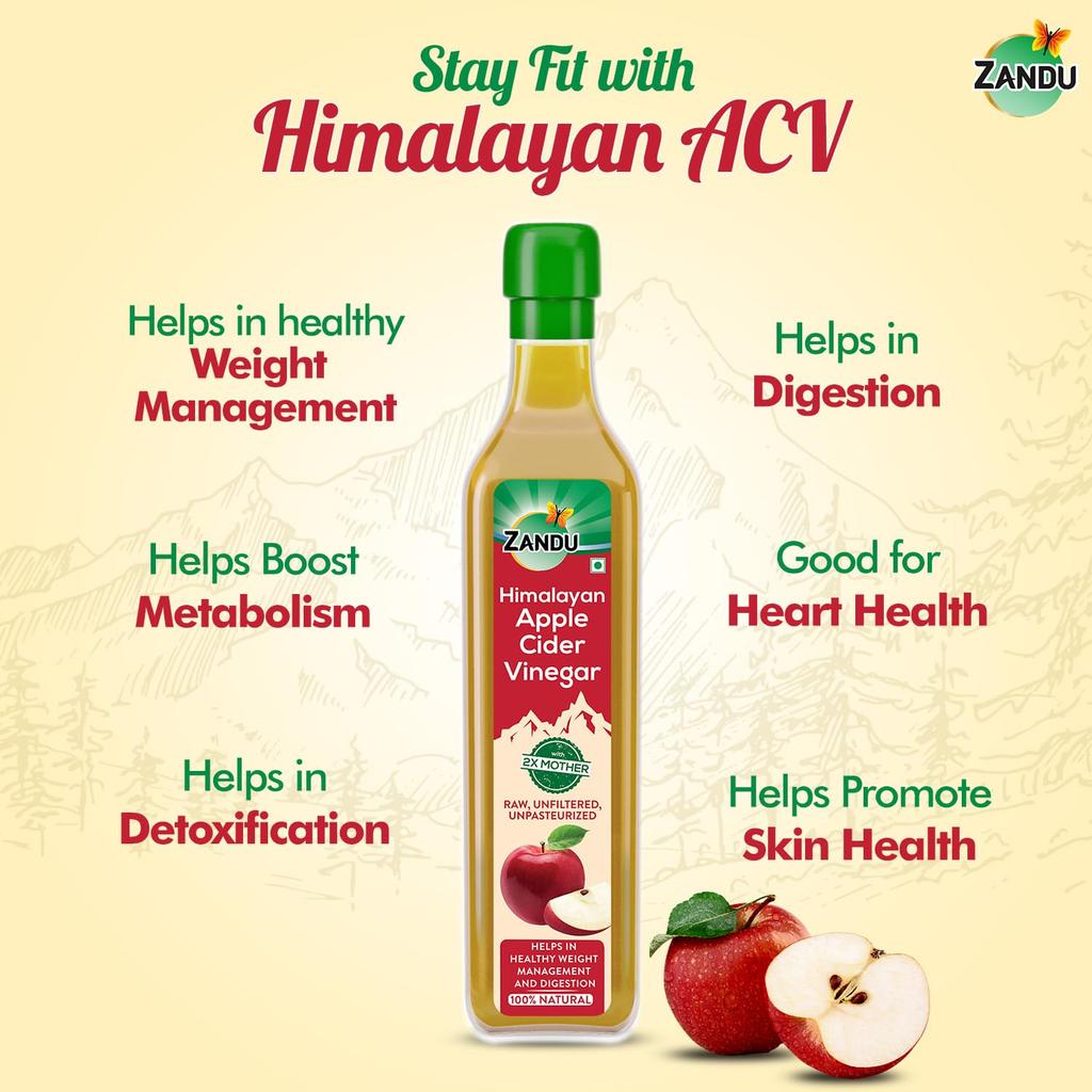 Zandu Himalayan Apple Cider Vinegar 500ml With 2X Mother Raw Unfiltered Unpasteurized Natural Wellness Tonic